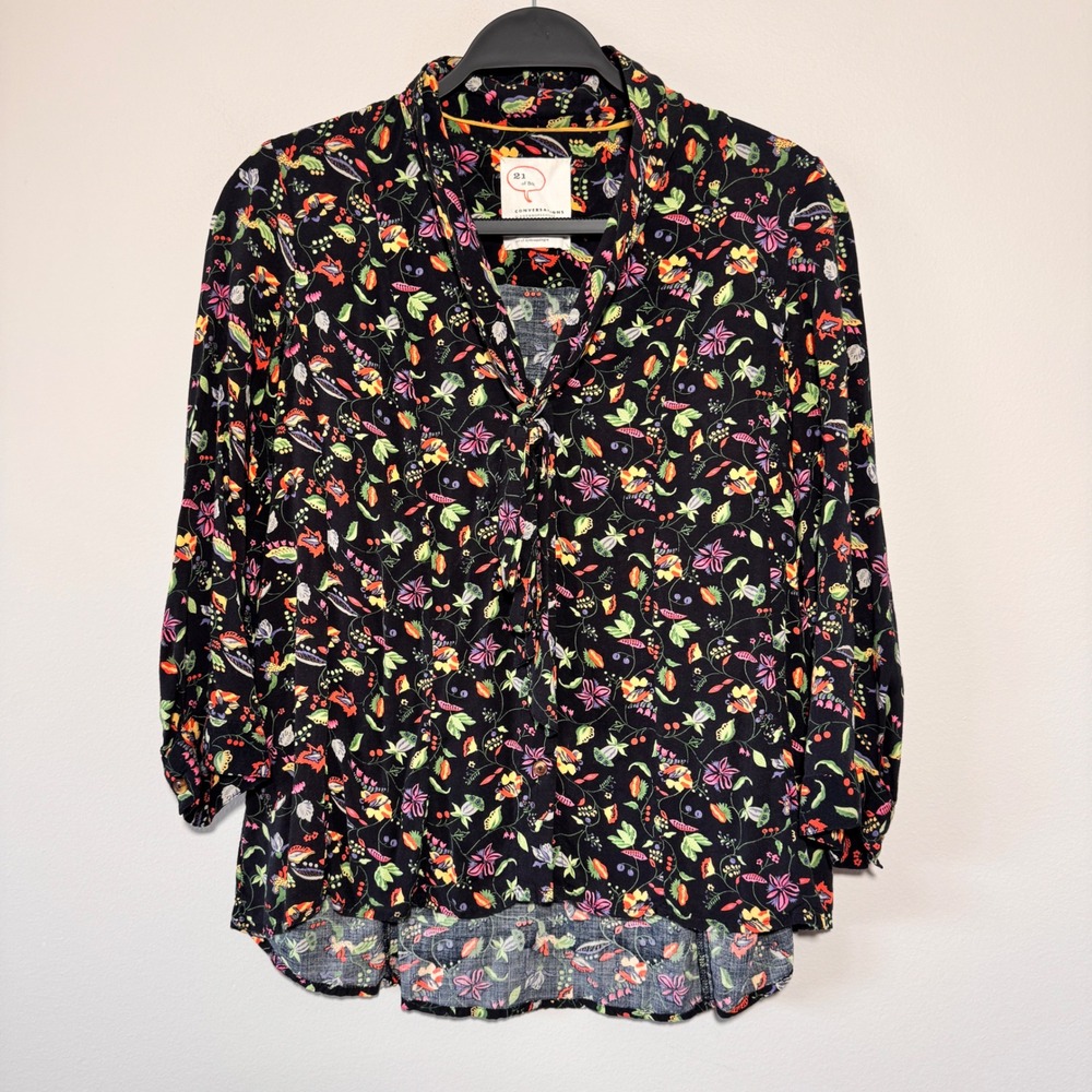 Anthropologie Conversations Floral Blouse Tie Neck Long Sleeve Top M‎